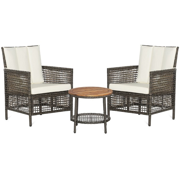 Tangkula 3pcs Patio Wicker Bistro Set Furniture Set Pe Rattan Table Set W Off White Cushions