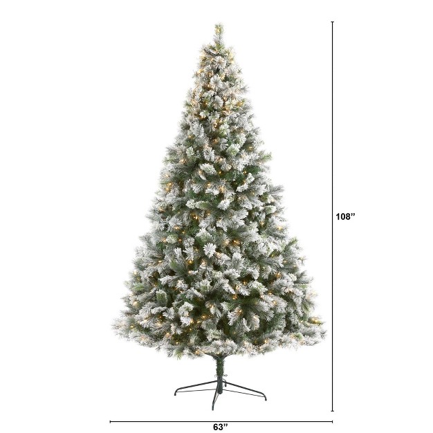 Nearly Natural 9-ft Flocked Oregon Pine Artificial Christmas Tree With 600 Clear Lights And 1580 Bendable Branches