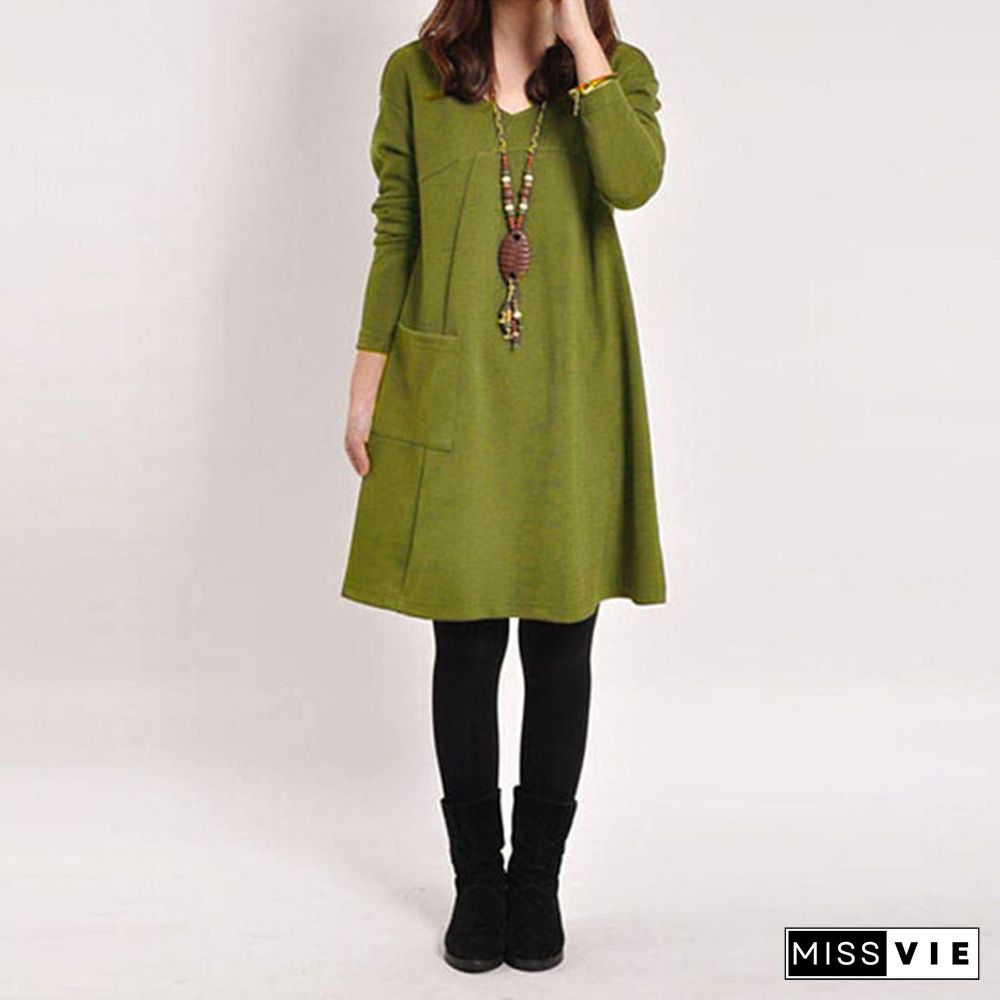 5 color Women Winter Long Loose Casual Cotton Pregnancy Dress Sleeve Pocket Tunic Tops