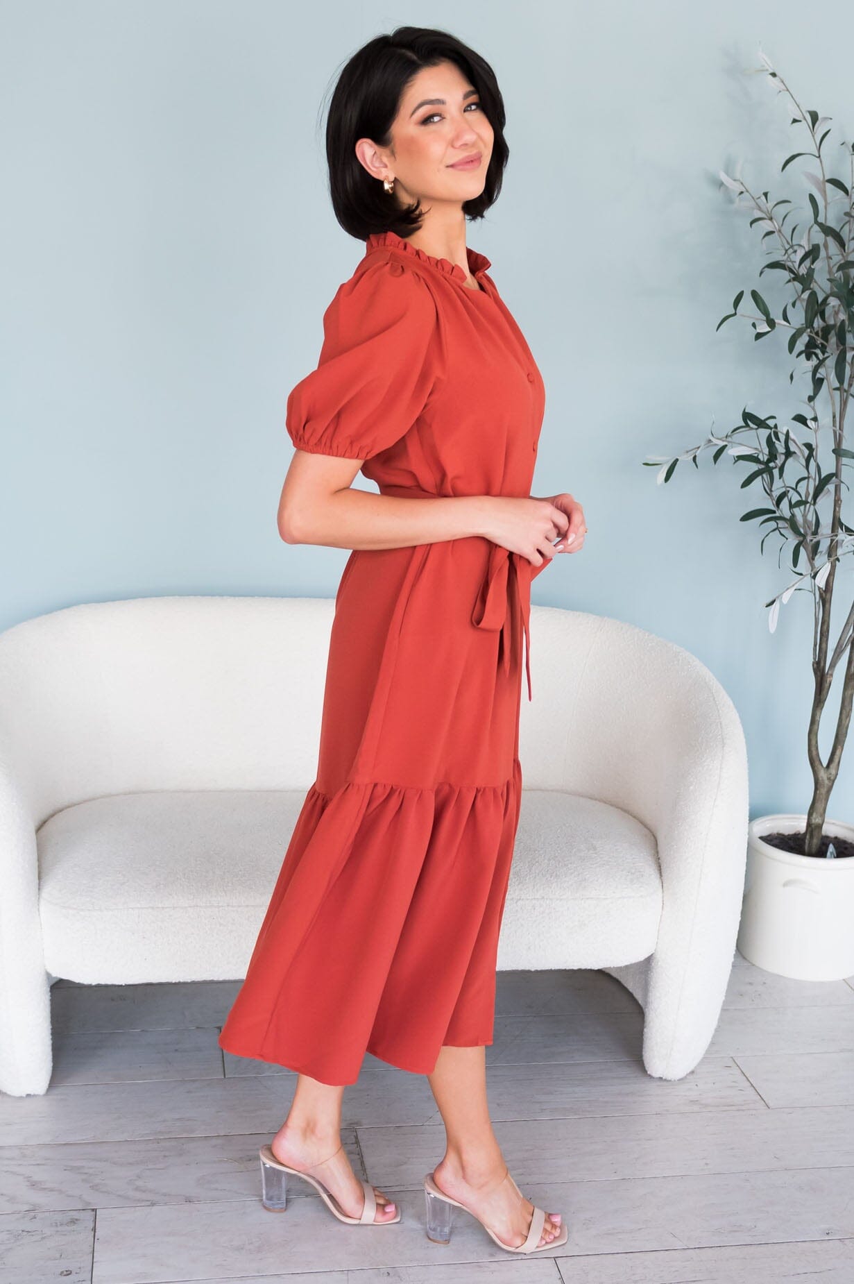 Alaska V-neck Puff Sleeve Spring Dress-Persimmon Red