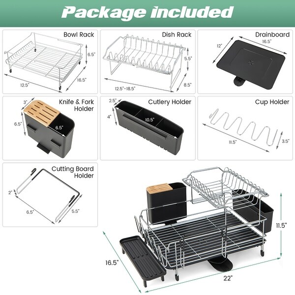 2 Tier Dish Drying Rack Rustproof Dish Rack and Drainboard Set