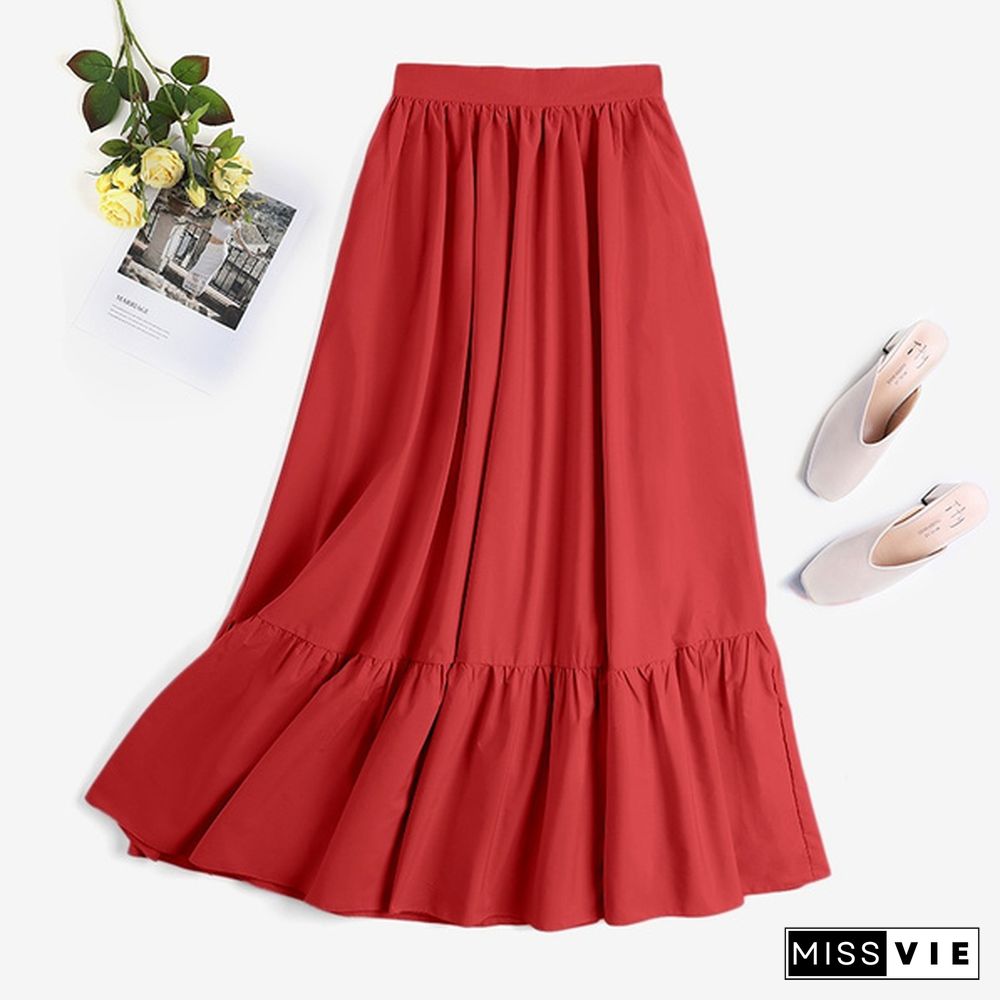 Women Umbrella Long Skirt Dress High Waist Ruffle Hem Casual Pleated Maxi Skirts Plus Size