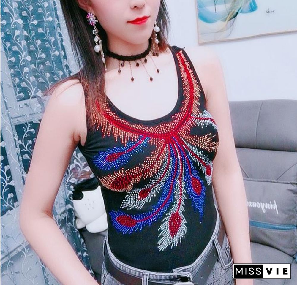 Fashion Women's Padded Gemstones Camisole Femme Lady Shiny Bling Bling Camis Women Rhainstones Butterfly Padded Tanks Tops