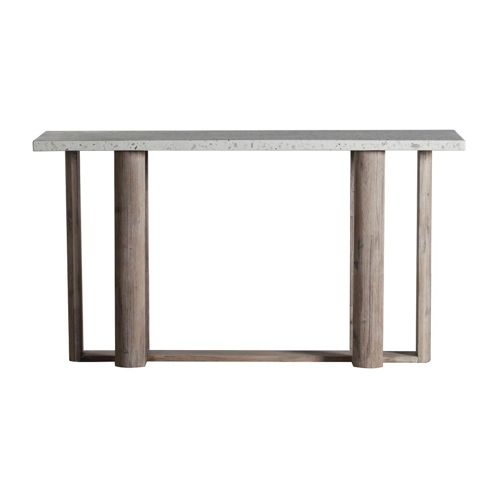 Kinsley Indoor Outdoor White Terrazzo and Acacia 55 inch Rectangular Trestle Console Table