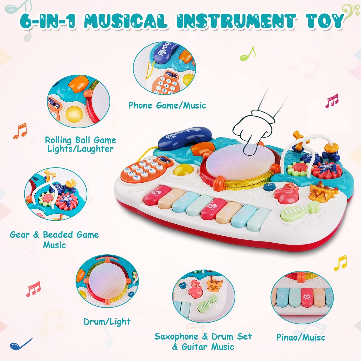 Musical Toys for Toddlers 1-3 ， 6 in 1 Multifunction Baby Musical Toys Piano Drum Set Bead Maze Gear Kids Phone Toys Electronic Learning Toys for Baby Infant Toddler Birthday Gifts for Kids