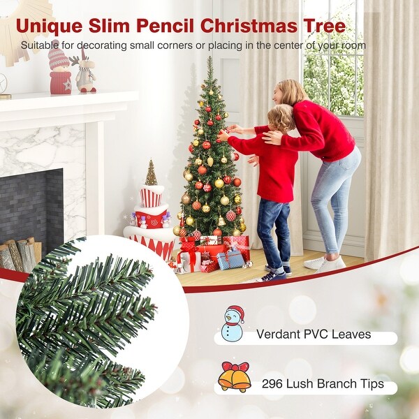 Gymax 5/6/7/8/9 ft PreLit Artificial Christmas Tree Slim Pencil Xmas