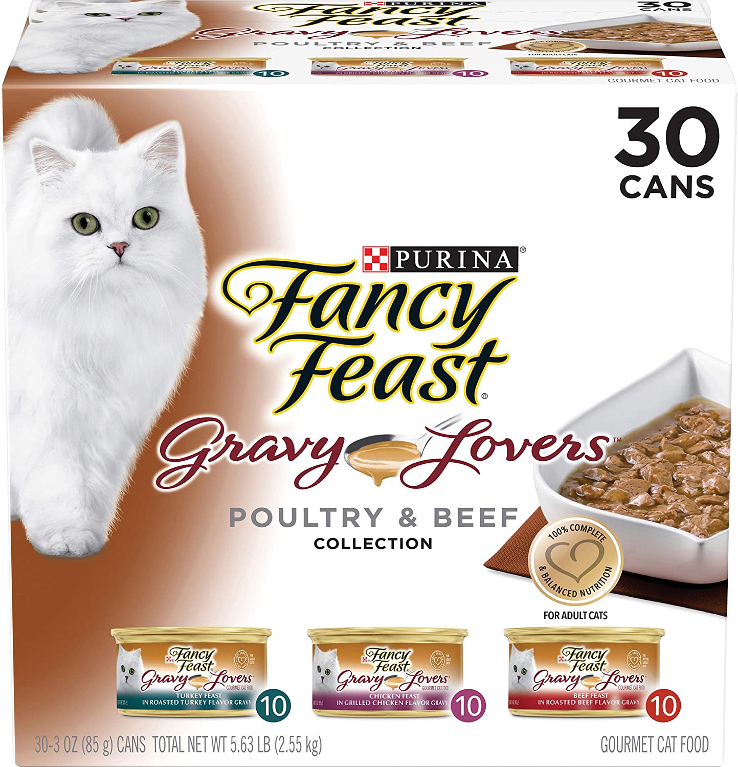 Purina Fancy Feast Gravy Wet Cat Food Variety Pack， Gravy Lovers Poultry and Beef Feast Collection - (30) 3 oz. Cans