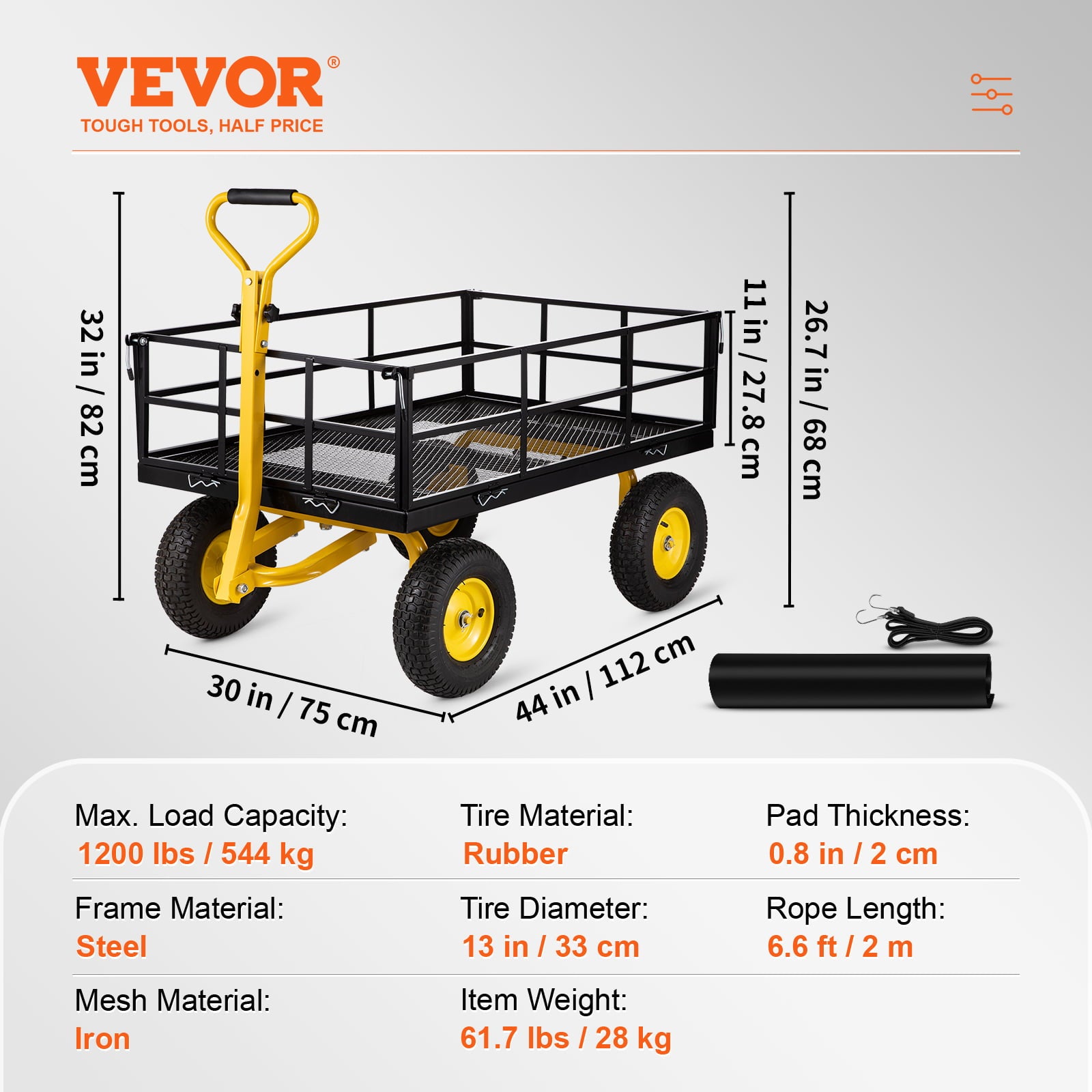 BENTISIM Steel Garden Cart, Heavy Duty 1200 lbs Capacity, with Removable Mesh Sides to Convert into Flatbed, Utility Metal Wagon with 2-in-1 Handle and 13 in Tires, Perfect for Garden, Farm, Yard