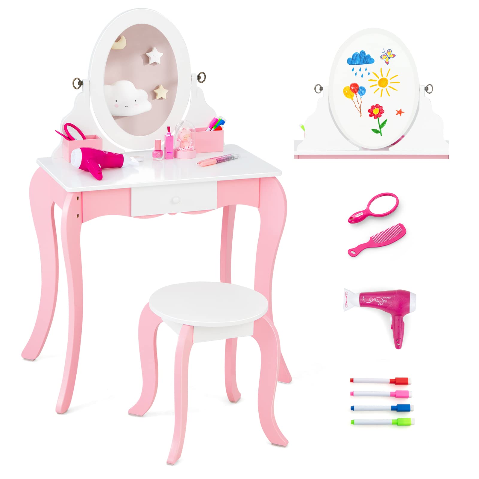 Costzon Kids Vanity Set, 2 in 1 Princess Makeup Dressing Table