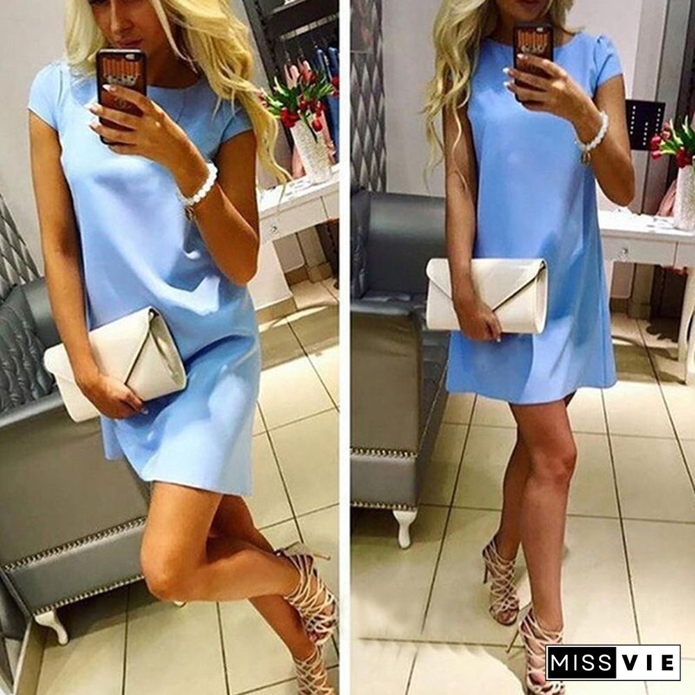 Fashion Women Mini Dress Short Sleeve Loose Short Dresses Casual Elegant Solid Women Dress Plus Size