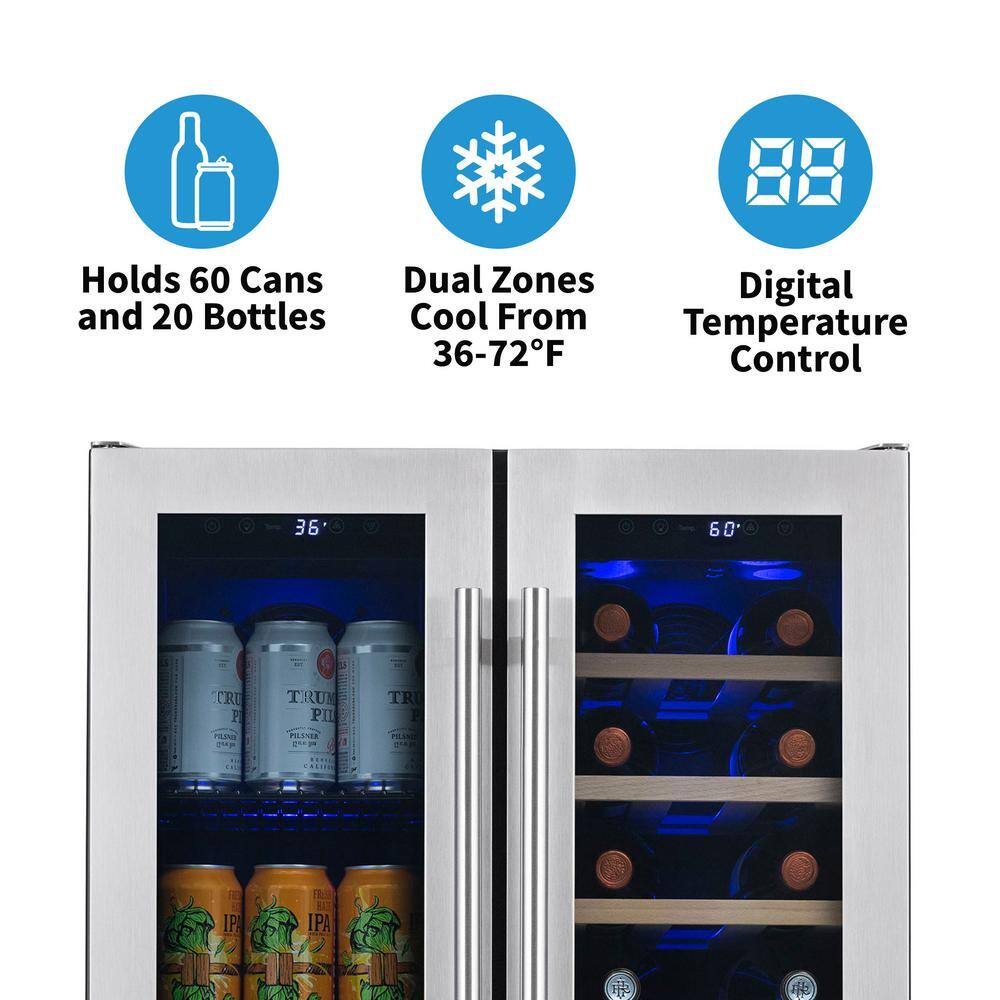 NewAir 24 in. 18 Bottle and 58 Can Premium Built-in Dual Zone French Door Wine and Beverage Fridge with SplitShelf NWB080SS00