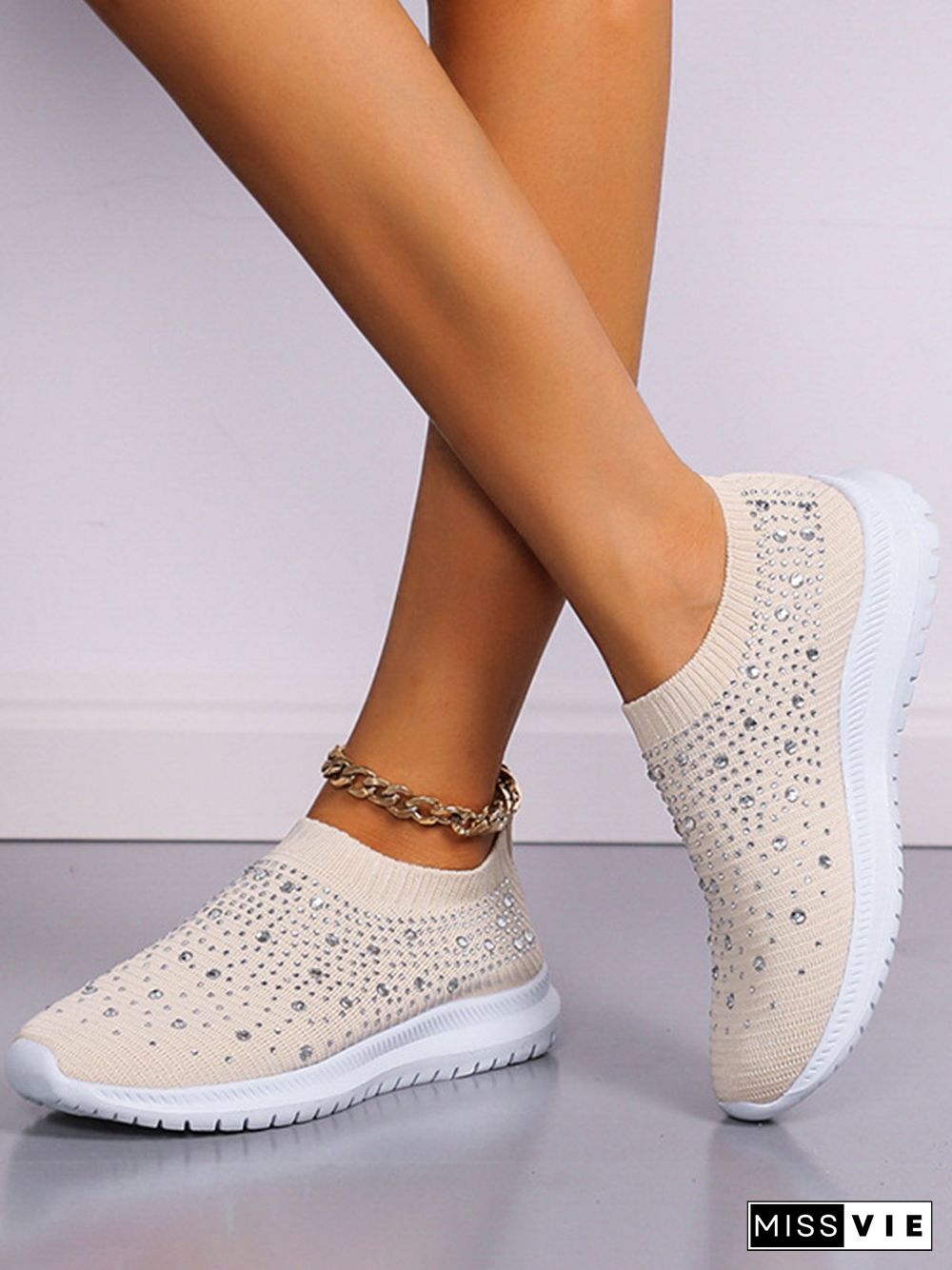 Rhinestone Design Portable Overfoot Lightweight Flyknit Sneakers