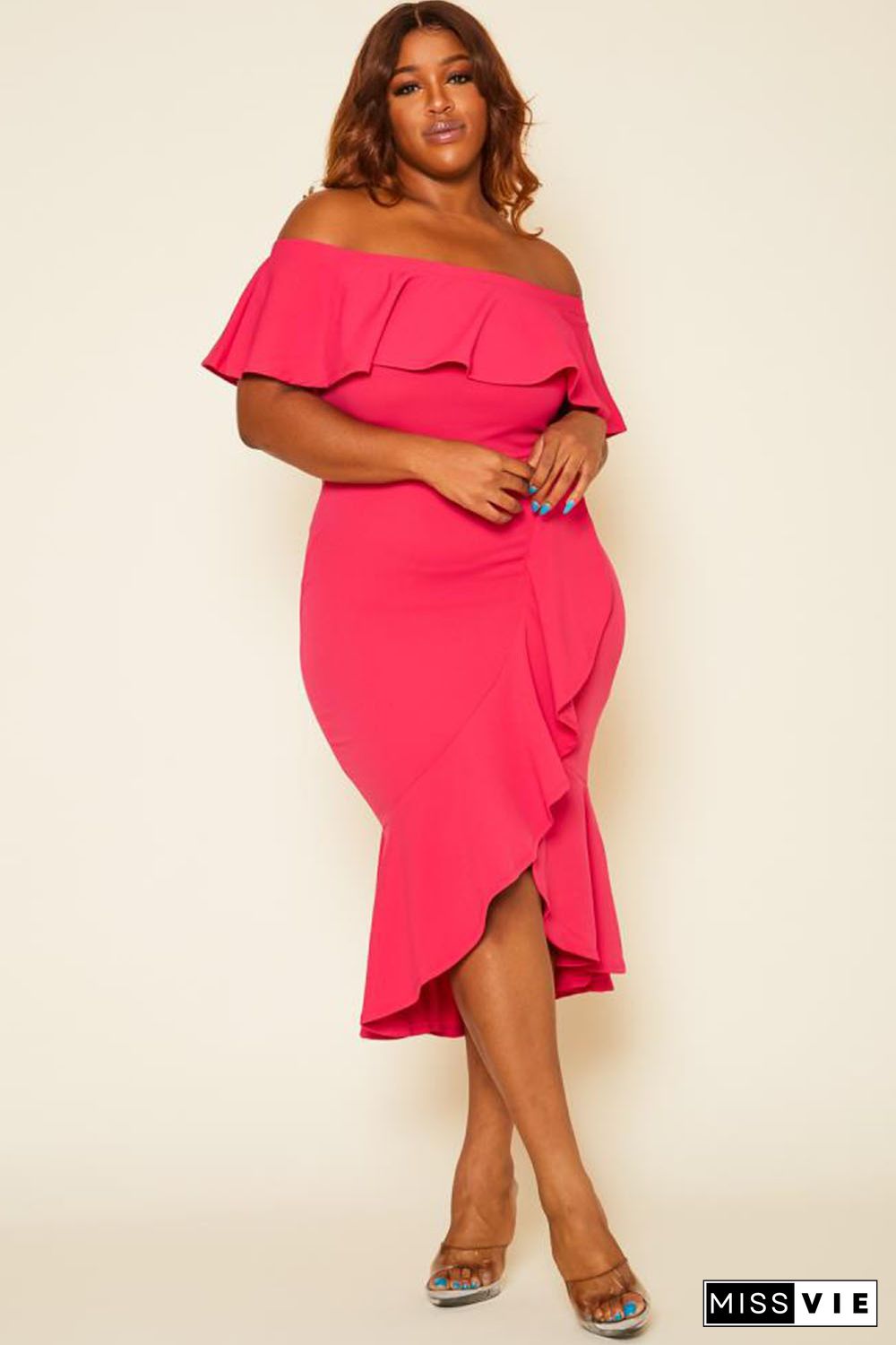 Rose Ruffled Off Shoulder High Low Plus Size Dress