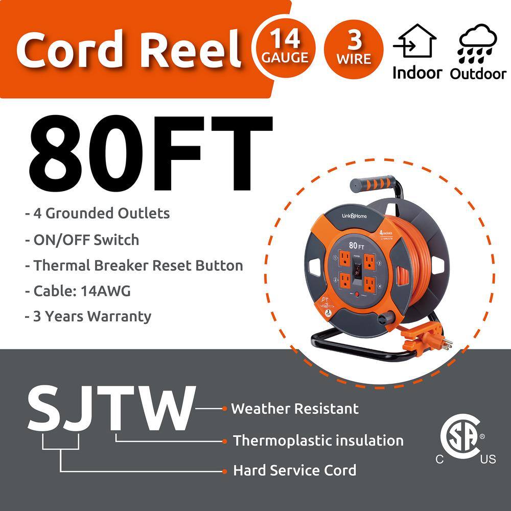 Link2Home 80 ft. 143 Extension Cord Storage Reel with 4 Grounded Outlets and Overload Protection EM-EL-800E