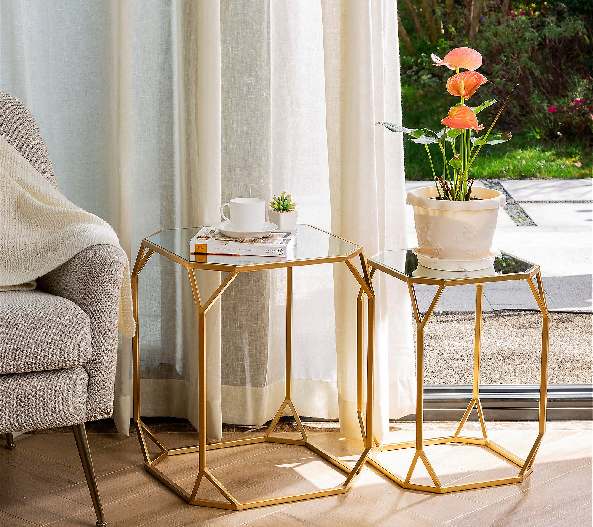 Glitzhome Goldtone Distressed Tempered Glass Side Tables S 2