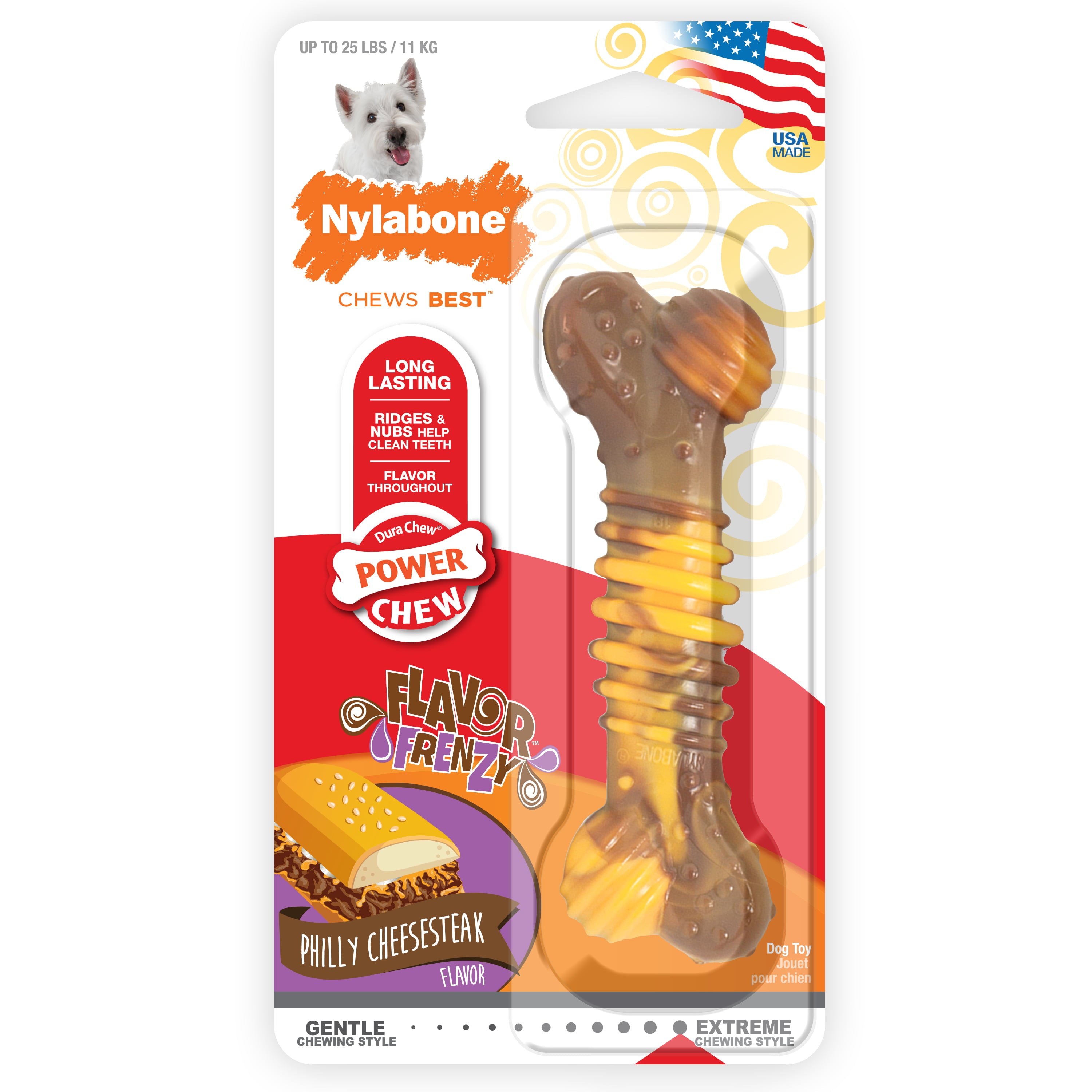 Nylabone Flavor Frenzy Dura Chew Cheesesteak Dog Bone Toy， Regular