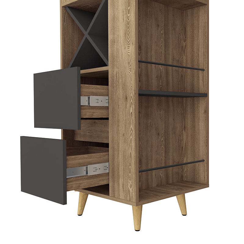 DEPOT E-SHOP Lisbon Corner Bar Cabinet， External Shelves，Drawers， Wine Compartments， Pine/Matt Gray