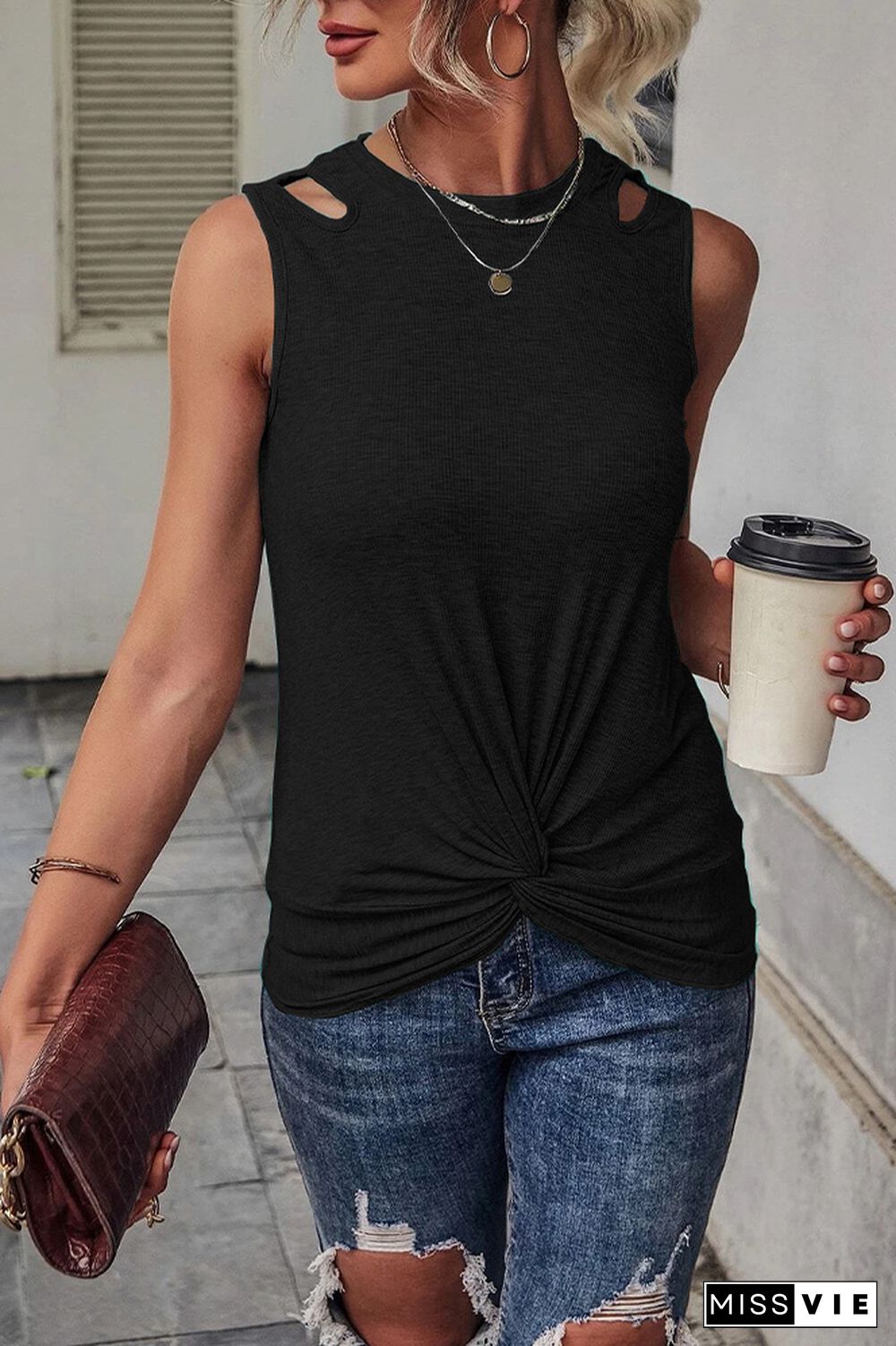 Plain Cut Out Twist Knot Tank Top