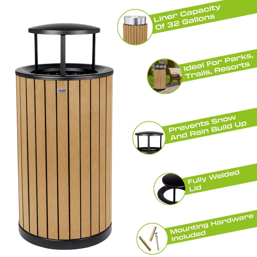 Alpine ALP4400-01-CD-RB Round 32-Gallon Outdoor Trash Can with Recycled Plastic Panels and Rain Bonnet Lid， Cedar