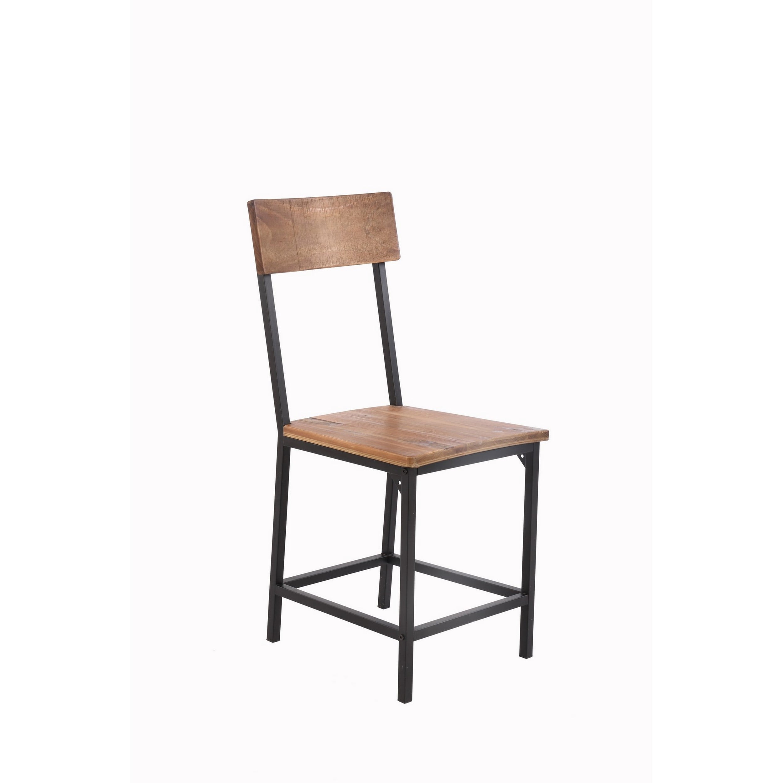 15 Inch Rustic Dining Side Chair， Brown Reclaimed Wood， Black Metal Frame