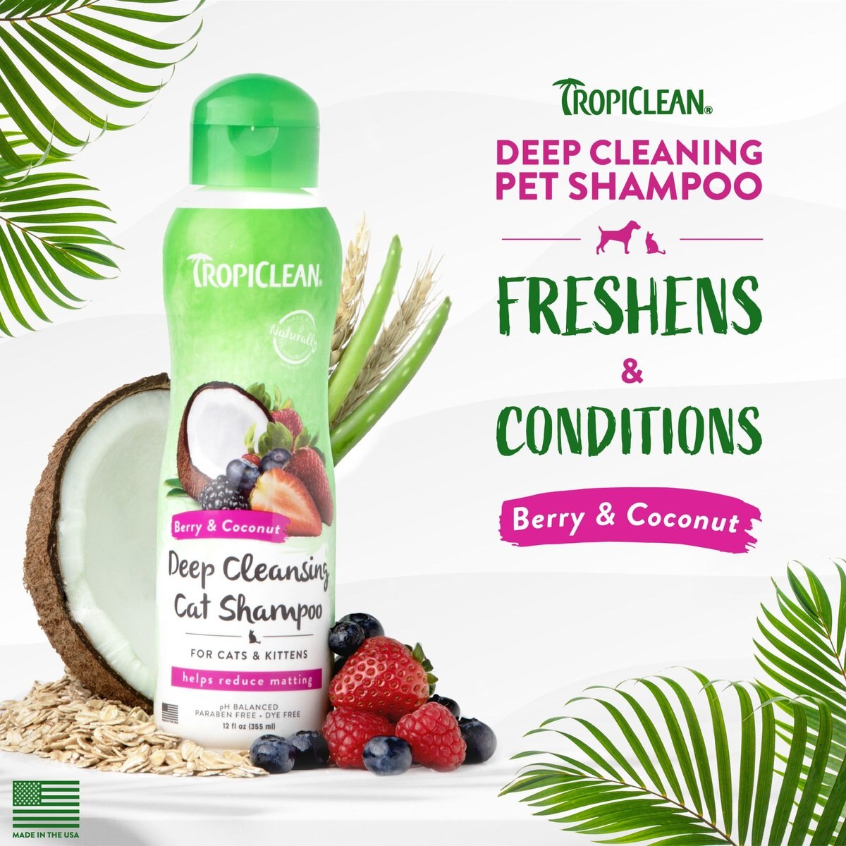 TropiClean Berry and Coconut Deep Cleansing Cat Shampoo， 12-oz bottle