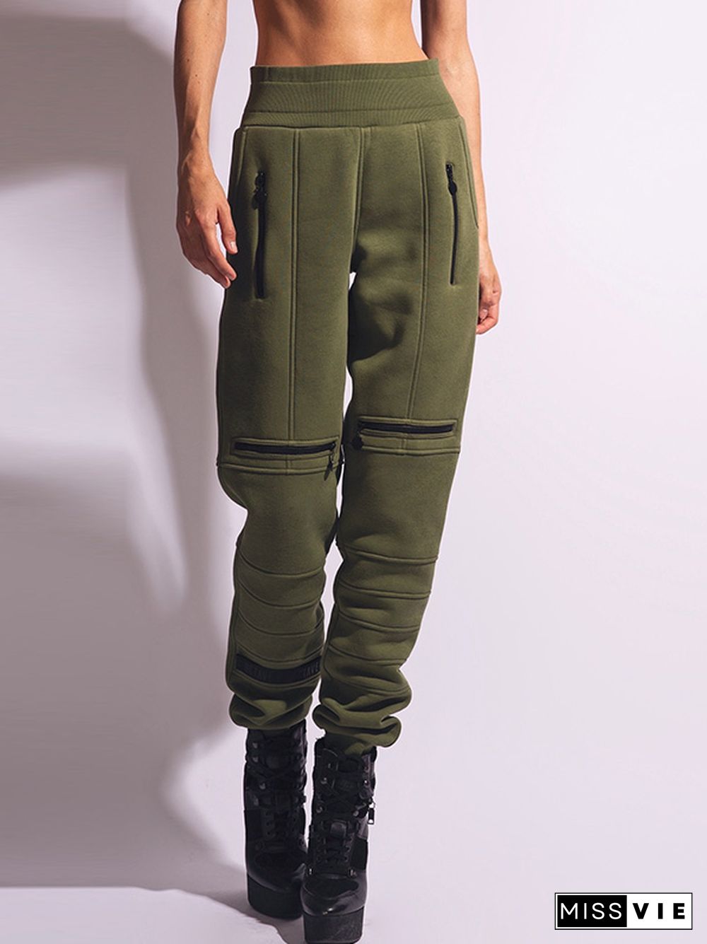 Stylish High-Waisted Solid Color Zipper Casual Sports Pants