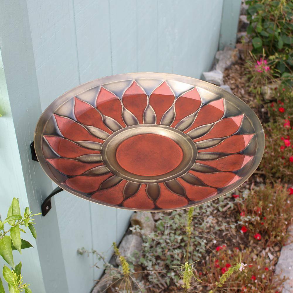 ACHLA DESIGNS 16 in. Dia. Round Antique Red Brass African Sunflower Birdbath with Black Wrought Iron Wall Mount Bracket BB-09R-WM2