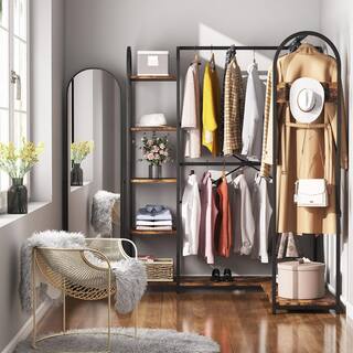 BYBLIGHT Carmalita Rustic Brown and Black L-Shaped Corner Garment Rack Closet Organizer with Storage Shelves and Coat Rack BB-JW0199XL