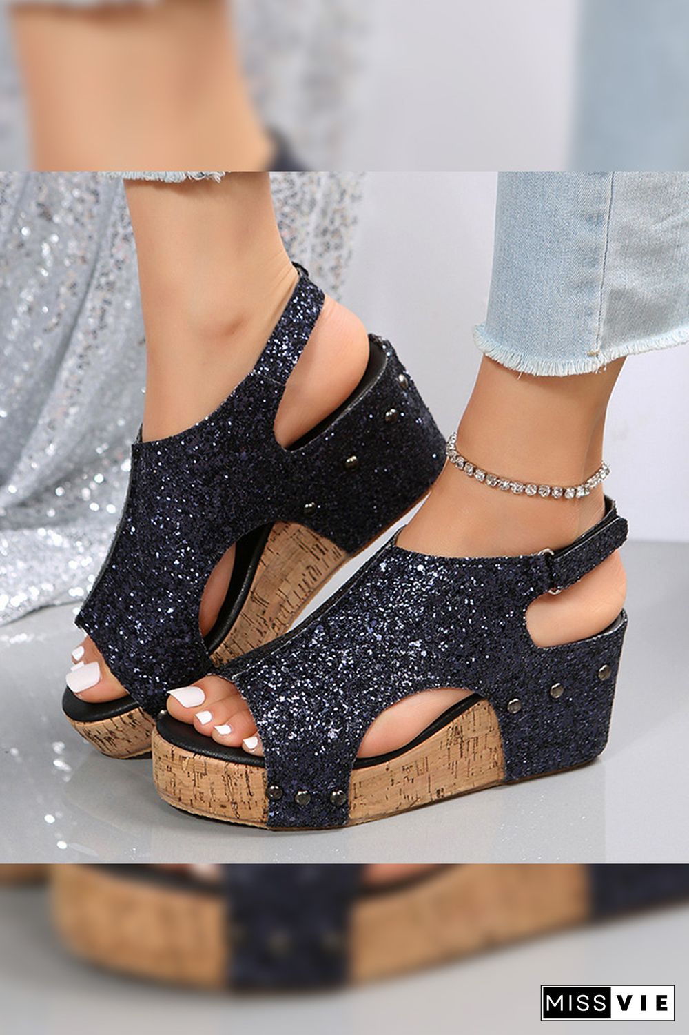 Bling Glitter Rivet Wedge Sandals