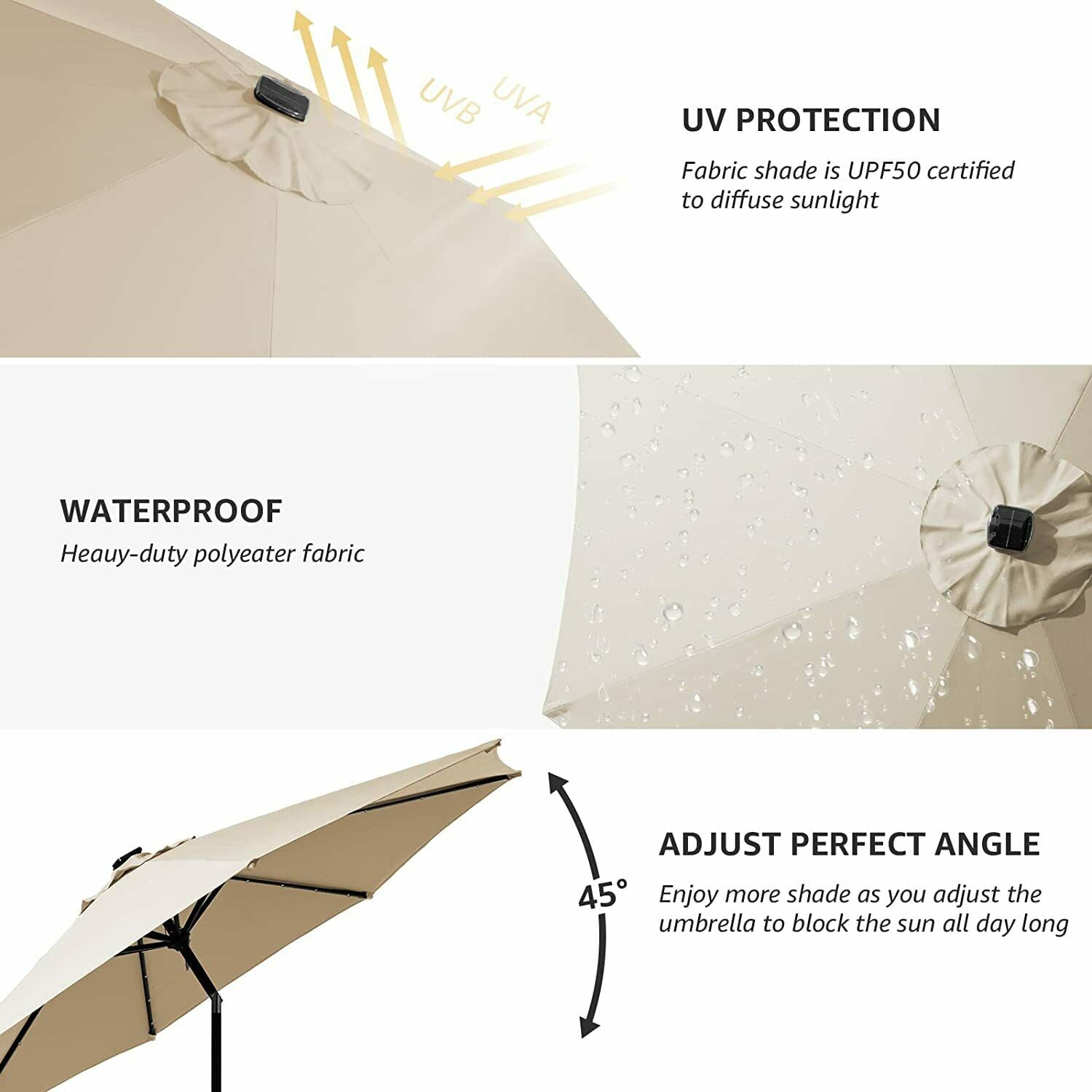 SUGIFT 10ft Solar Umbrella 32 LED Lighted Market Patio Umbrella, Cream