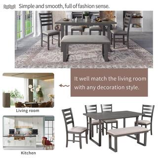 Harper  Bright Designs 6-Piece Rrectangle Wood Top Gray Dining Table Set with 4 Chairs and Bench XW009AAE