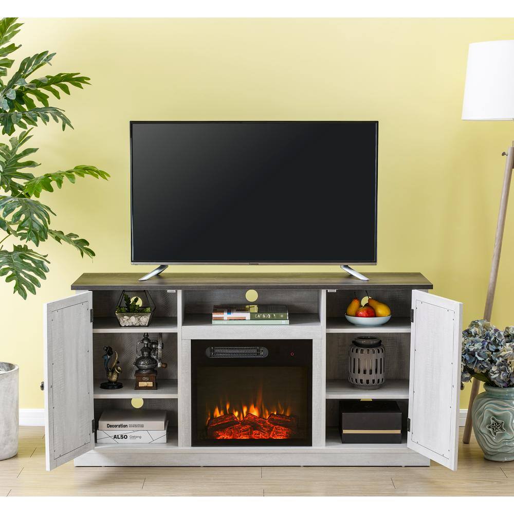 FESTIVO 54 in. Saw Cut-Off White TV Stand for TVs up to 60 in. with Electric Fireplace FFP20266