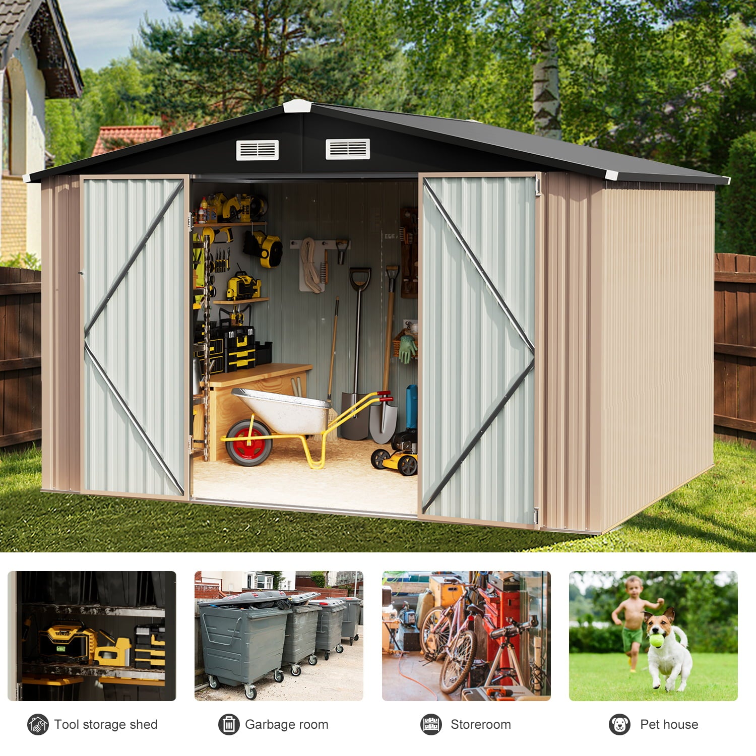 BaPiPro 8' x 10' Outdoor Metal Storage Shed, Steel Garden Shed with Sliding Door, Tool Storage Shed for Backyard, Patio, Lawn