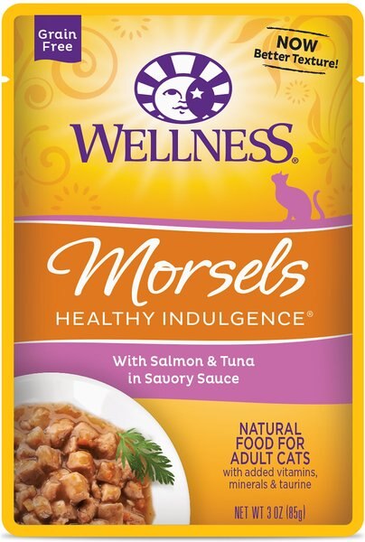 Wellness Healthy Indulgence Morsels with Salmon and Tuna in Savory Sauce Grain-Free Wet Cat Food Pouches， 3-oz， case of 24