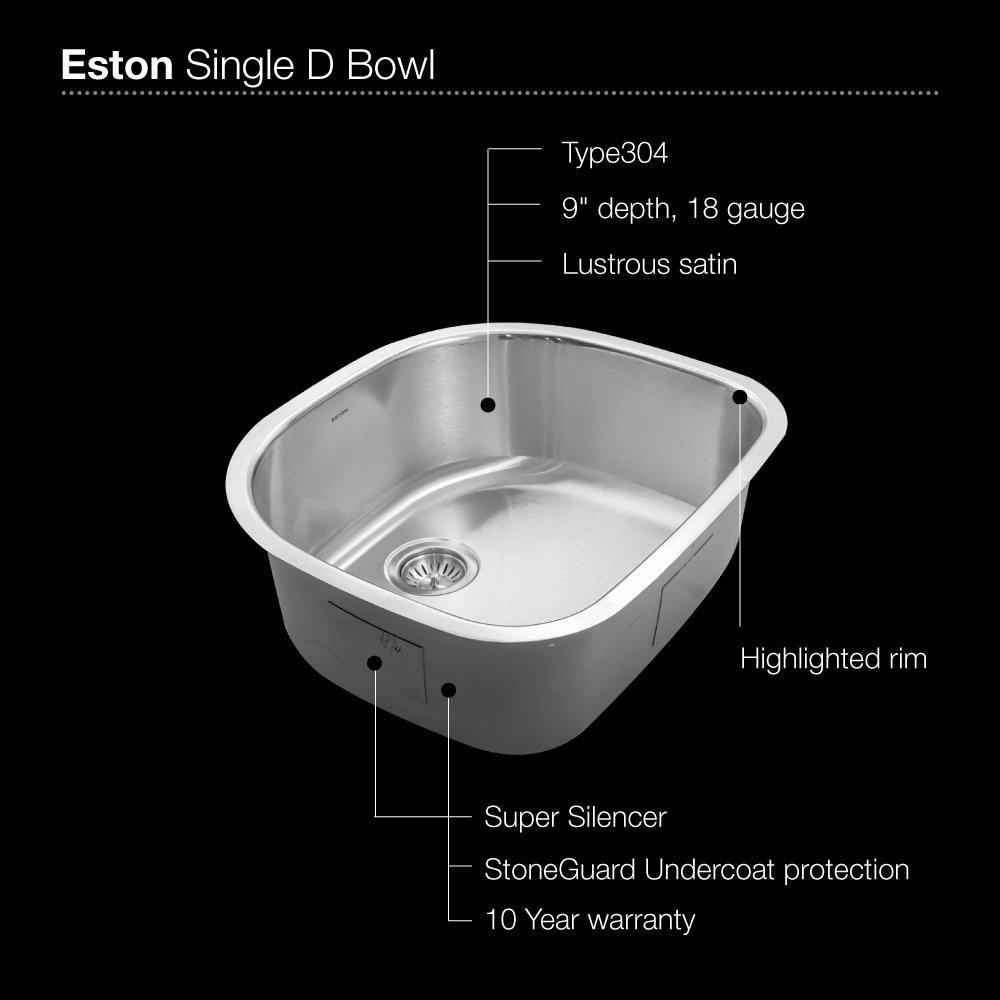 Houzer STS-1400-1 Eston Series Undermount Stainless Steel Single D Bowl Kitchen Sink， 18 Gauge