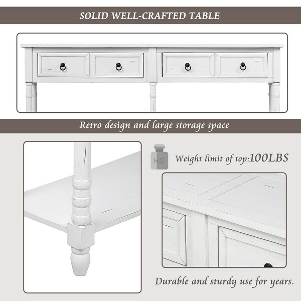 Rectangular Console Table Sofa Table with Drawers and Long Shelf， Walnut