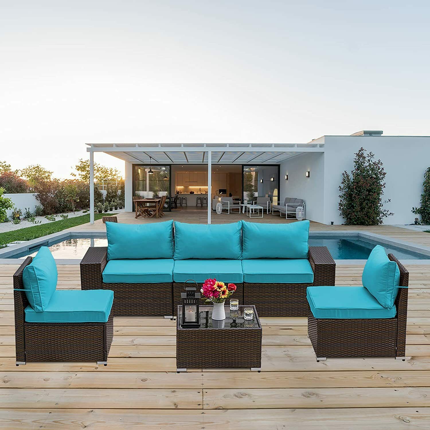 Gotland 6 Piece Patio Conversation Set, Outdoor Sectional Sofa Rattan Wicker Patio Furniture Set, Blue