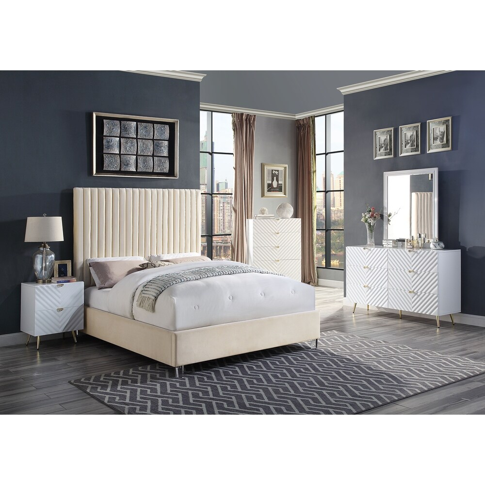 Claira Beige Platform Bed with Tufted Headboard