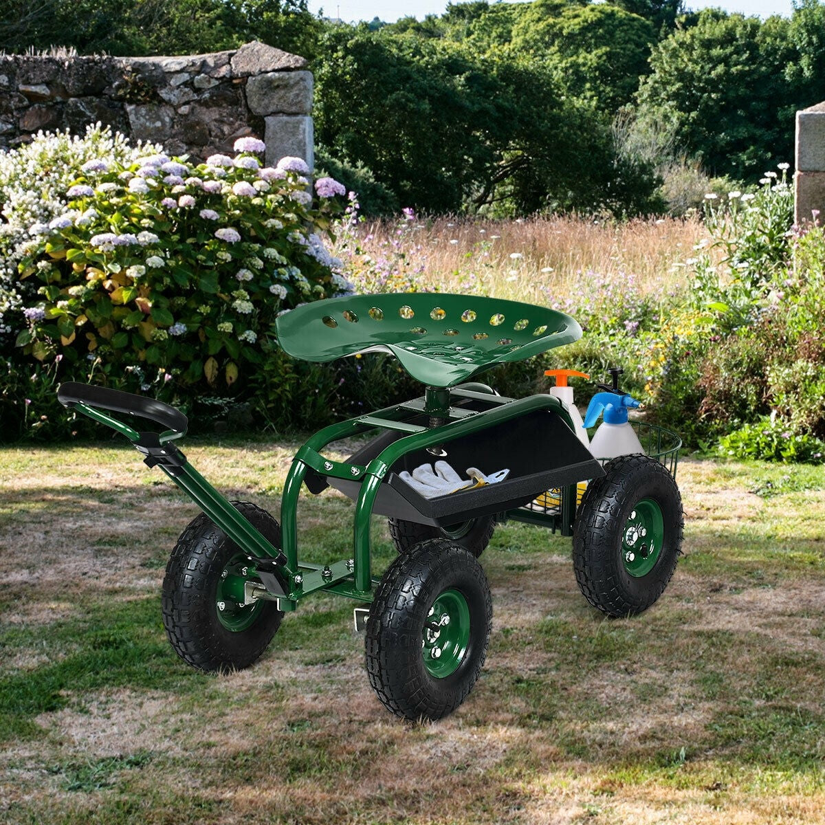 Heavy Duty Rolling Garden Cart with 360 Swivel Seat & Extendable Steer Handle