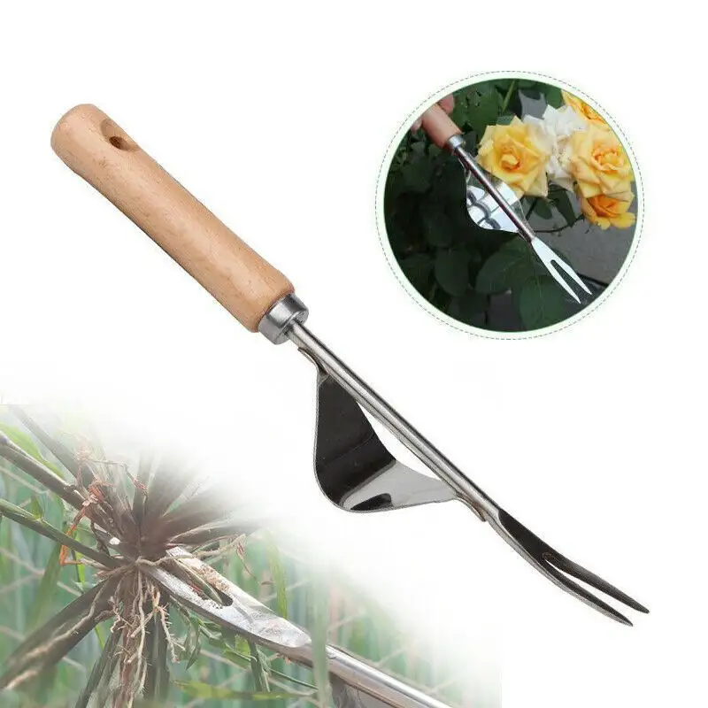 Long Wood Handle Stainless Steel Garden Weeder Hand Weeding Removal Cutter Tools Multifunction Weeder Transplant