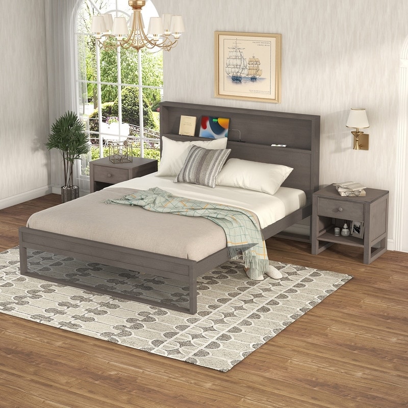 3-Pieces Bedroom Sets Queen Size Platform Bed with Two Nightstands - - 36796785