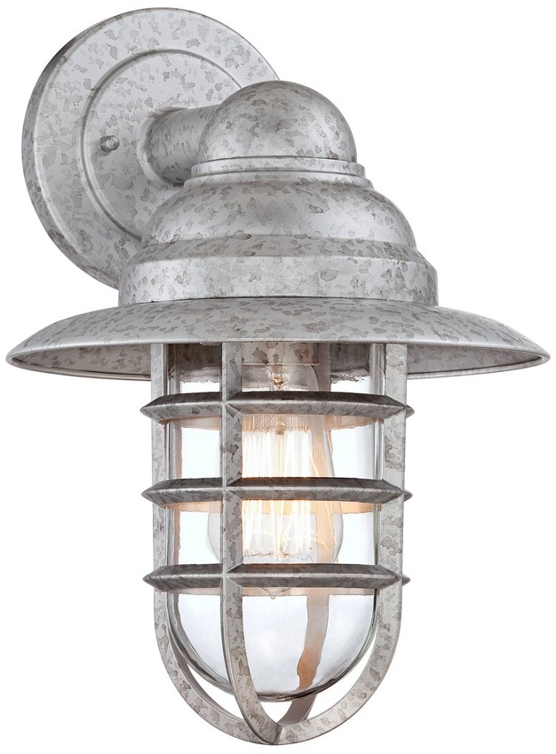 High Farmhouse Rustic Hooded Cage Outdoor Wall Light Fixture Mount Porch House Set Of 2 Galvanized Clear Glass Shade