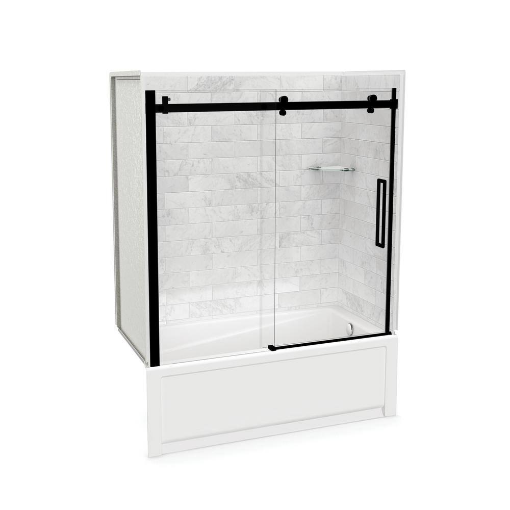 MAAX Utile 32 in. x 60 in. x 81 in. Bath and Shower Combo in Marble Carrara with New Town Right Drain Halo Door Matte Black 106911-307-508-107