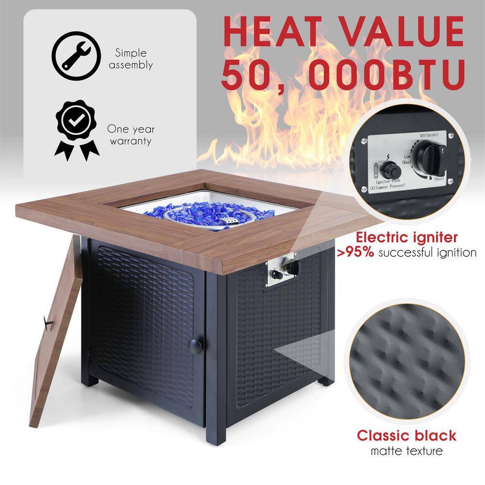 PHI VILLA 33.9 in. W x 25.2 in. H Square Wood-like Metal Steel Gas Fire Pit Table with Cover and 50000 BTU Burner THD-E02GS002