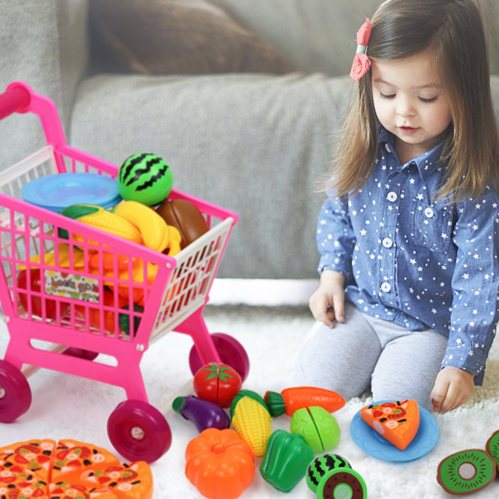 50pcs Pretend Play Food Toys,Plastic Cutting Food Toys for Kids Kitchen Toys Accessories with Storage Shopping Cart,Cutting Pizza Grocery Fruits Vegetable Food Kitchen Toys Family Playset