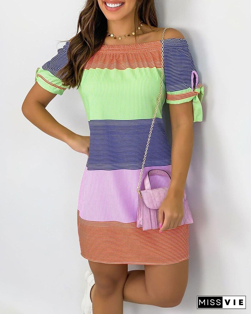 Women Summer Casual Dress Fashion Mini Party Dress Striped Print Colorblock Off Shoulder Short Sleeve Dress