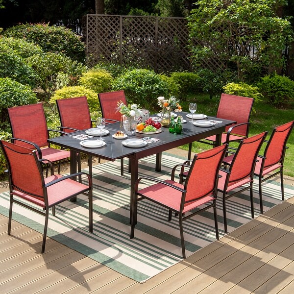 MAISON ARTS 9Piece Patio Dining Set with Expandable Rectangular Metal Table and 8 Textilene Dining Chairs