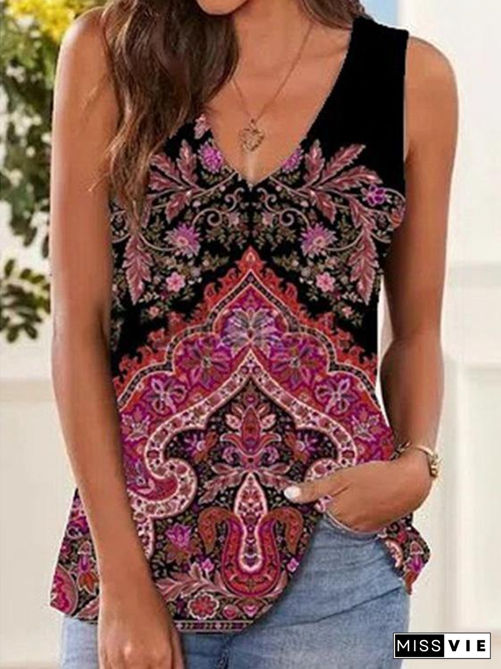 Women's Sleeveless V-neck Floral Printed Tops T-shirts