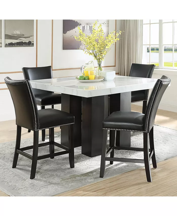 Furniture Camila Square 54 Marble Counter Height Table and Black Counter Chair 5pc Set (Table+4 Chairs)