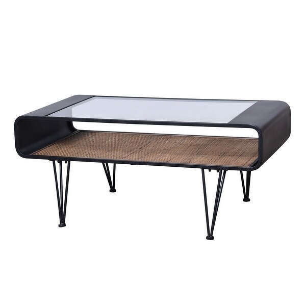 Aaron - Table - Graphite Metal， Clear Glass Top， Rattan Lower Shelf